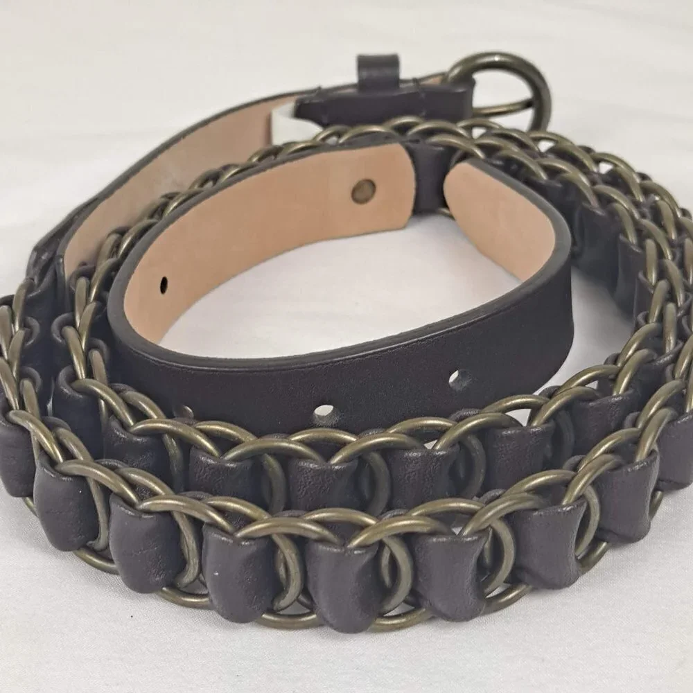 Talbots Size Large Brown Leather and Metal Ring Woven Belt Brass Toned Hardware